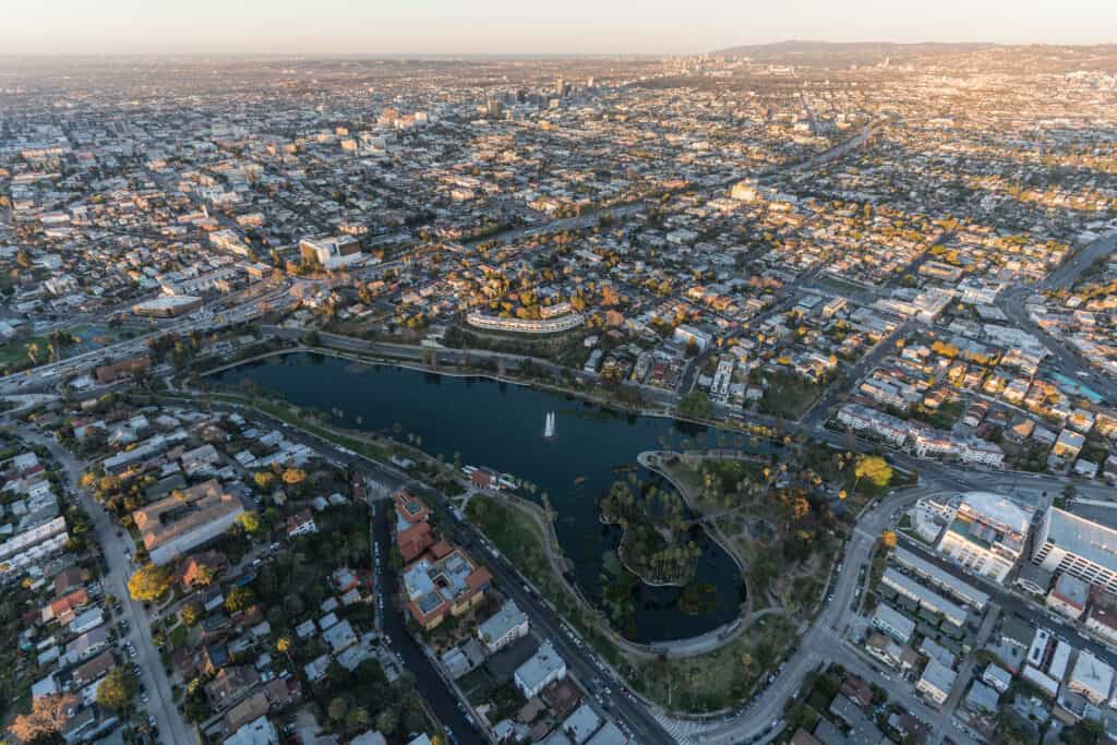 Morning Aerial View Echo Park In Los Angeles California