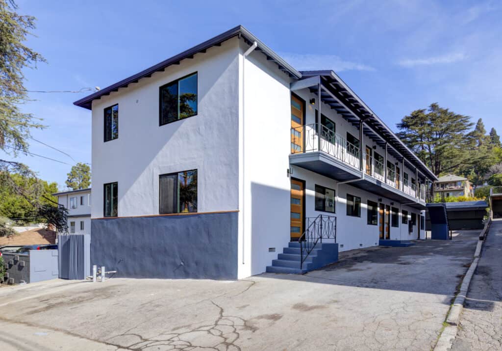 Exterior view of newly remodeled multi-unit apartment complex